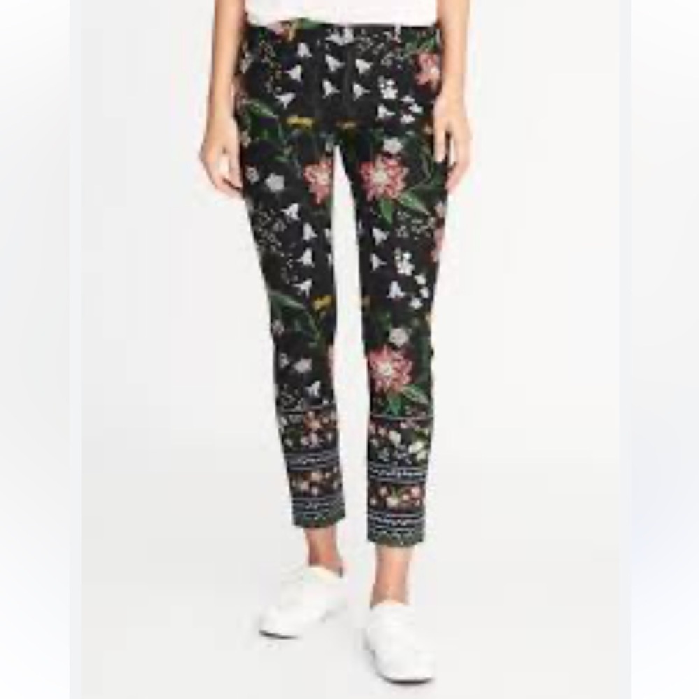 Old Navy Floral Mid-Rise Pixie Ankle 12 Cotton Pants Stretch Zip Fly Flat Front